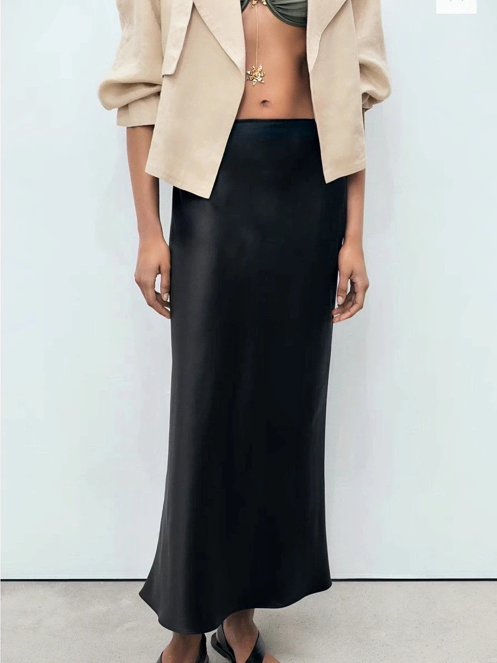 Mango MNG Black Midi Silk Skirt Size XXS NWT